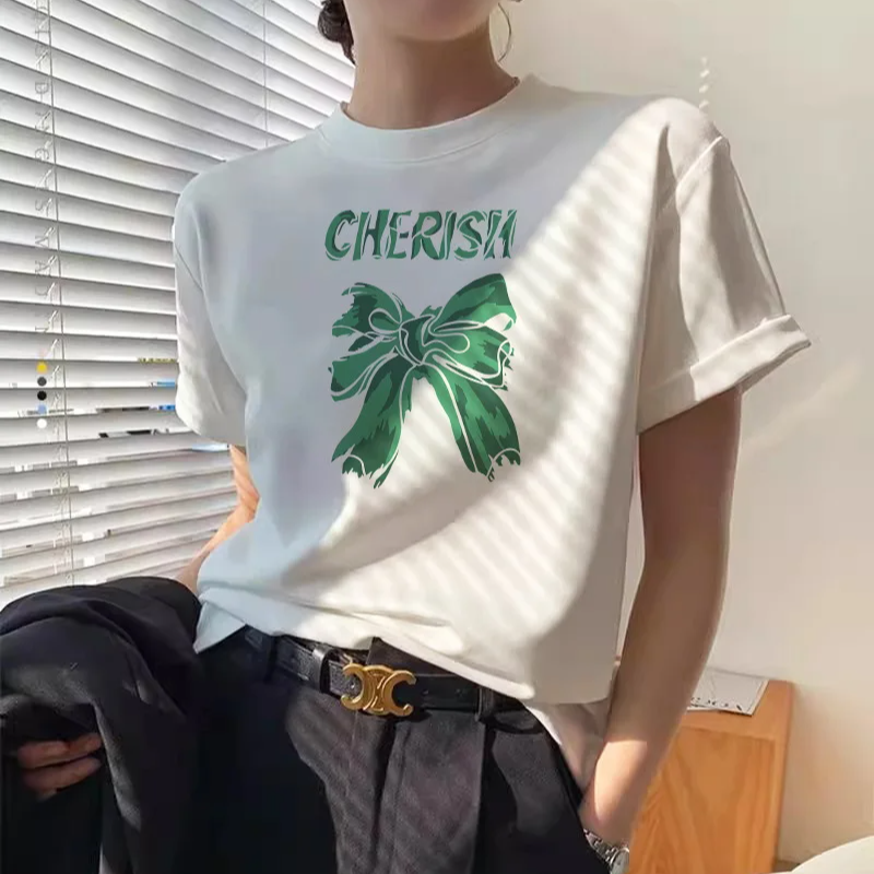 Summer Cotton Printed O-Neck T-Shirt for Women – Korean Y2K Style Casual Short Sleeve Loose Fit Tee