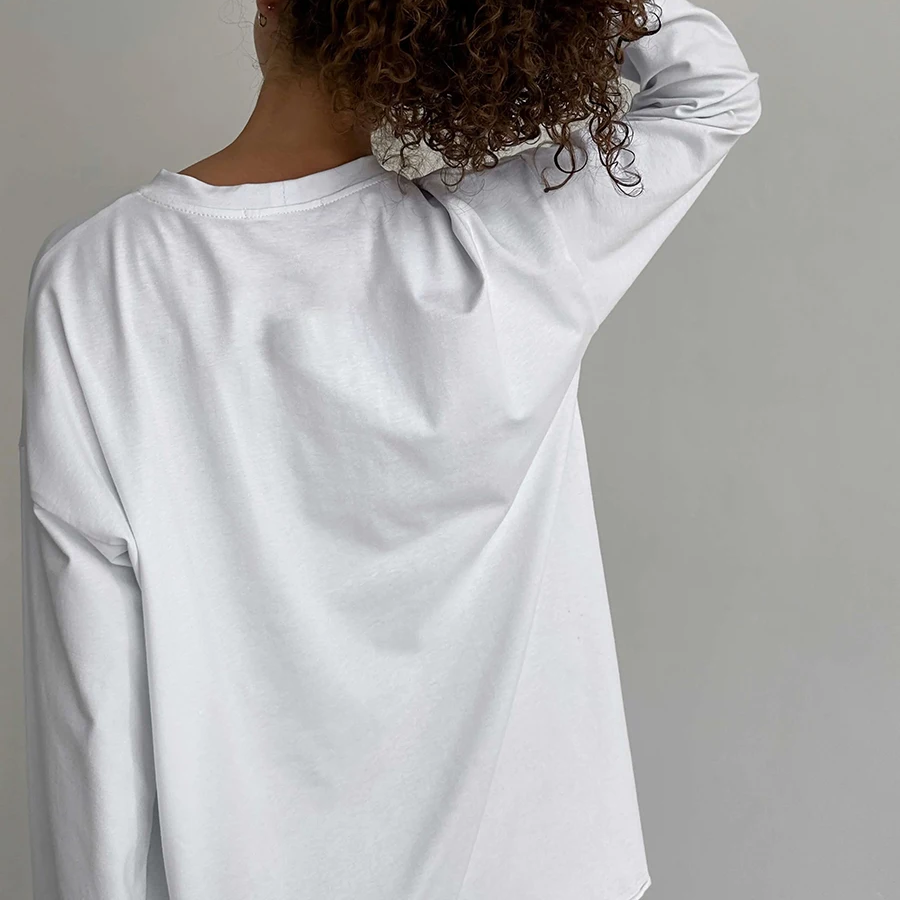 Women's Long Sleeve Cotton T-Shirt – Solid Color Casual Loose Fit Basic Top