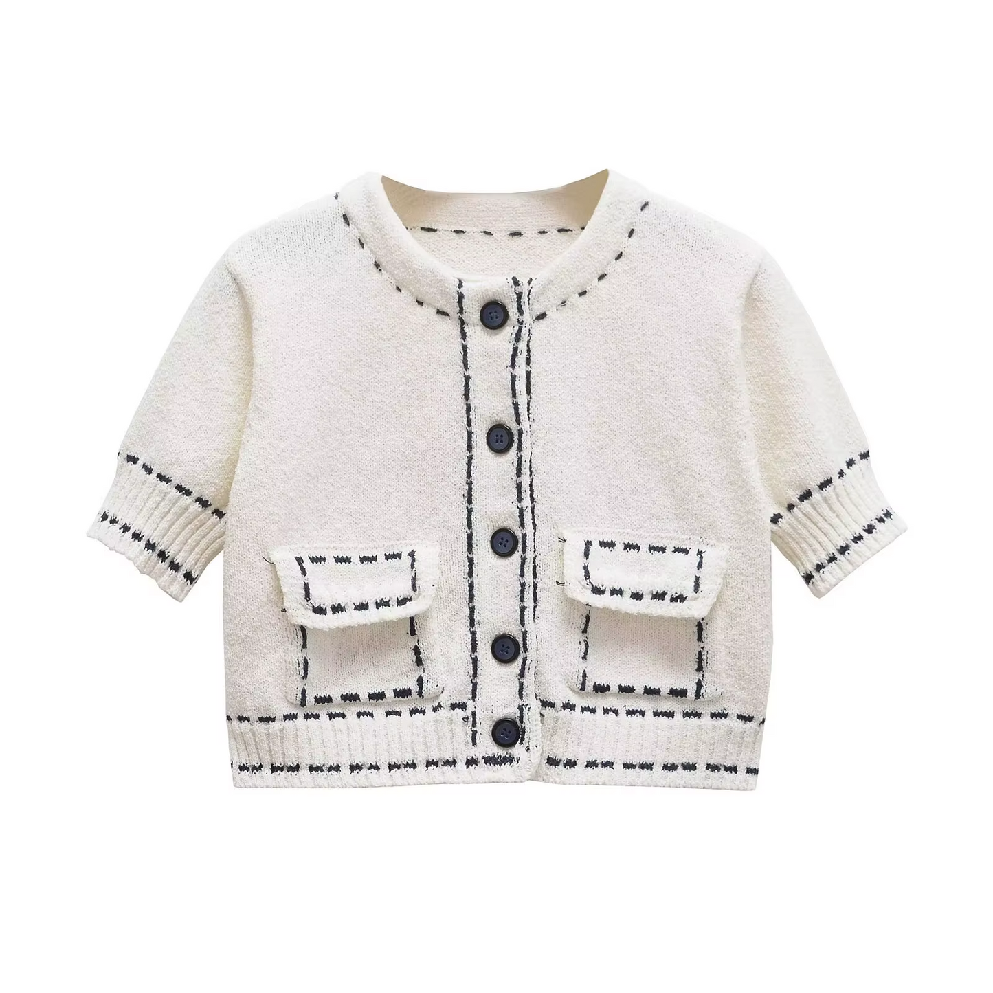 Women's Handmade Knitted Cardigan Coat – Short Sleeve Patchwork Contrast Color Sweater with Pockets