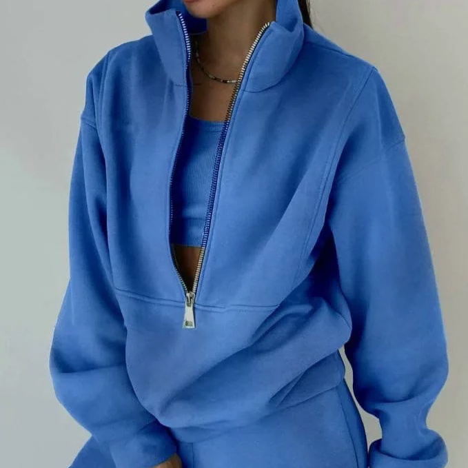 Women's Casual Tracksuit Set – Warm Two-Piece Zipper Outfit for Autumn and Winter, Loose Fit Sportwear