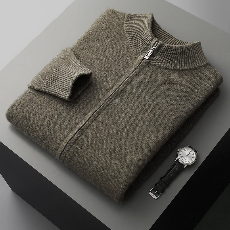 100% Merino Wool Men’s Zip Cardigan – Thick Warm Knitted Sweater with Mock Collar, Long Sleeve Casual Wool Top for Autumn & Winter