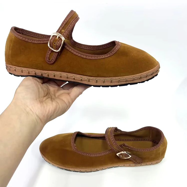 Velvet Canvas Mary Jane Flats – Hand-Stitched Casual Ballet Shoes for Women