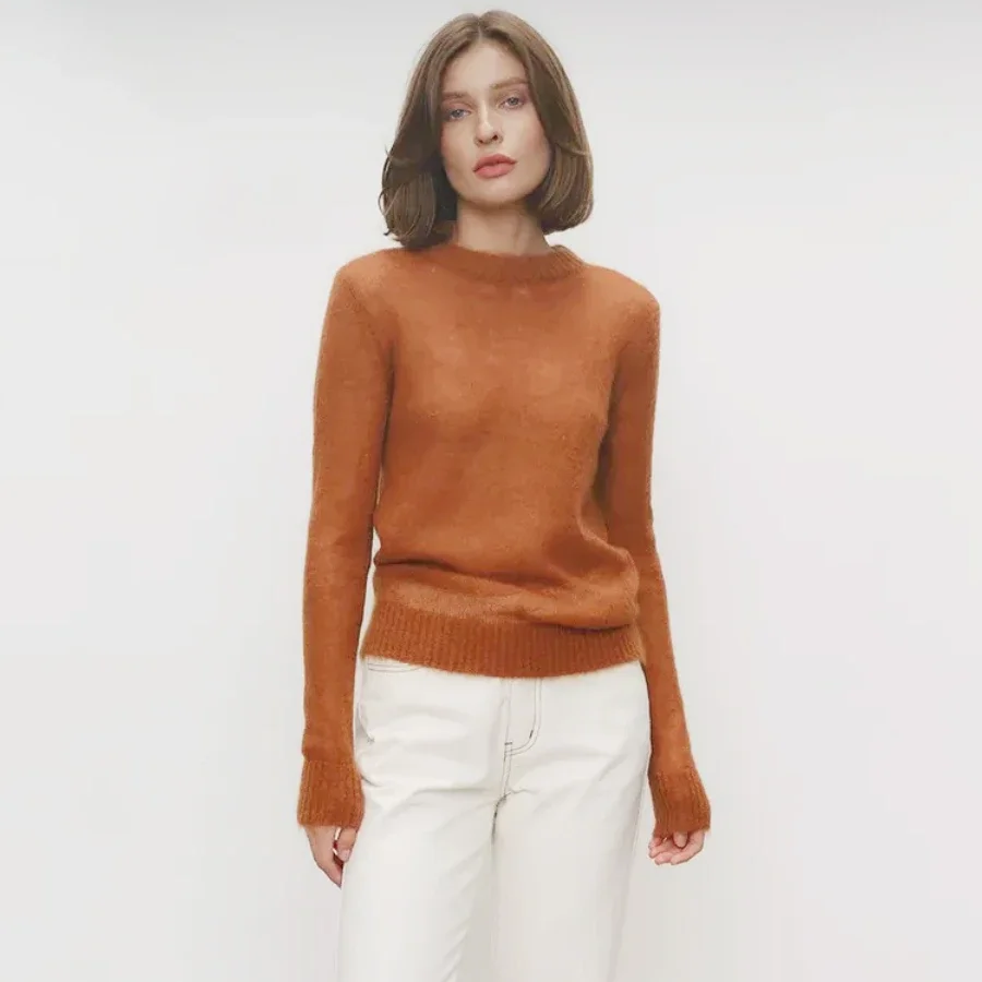 Slim Fit Round Neck Knit Sweater for Women – Long Sleeve Lightweight Pullover, Casual Chic Office Style for Spring and Autumn