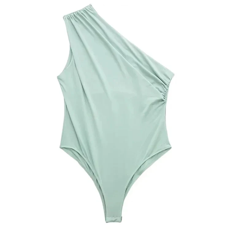 Asymmetric One-Shoulder Bodysuit with Ruched Detail and Snap Closure – Sexy Wide-Strap Clubwear for Women