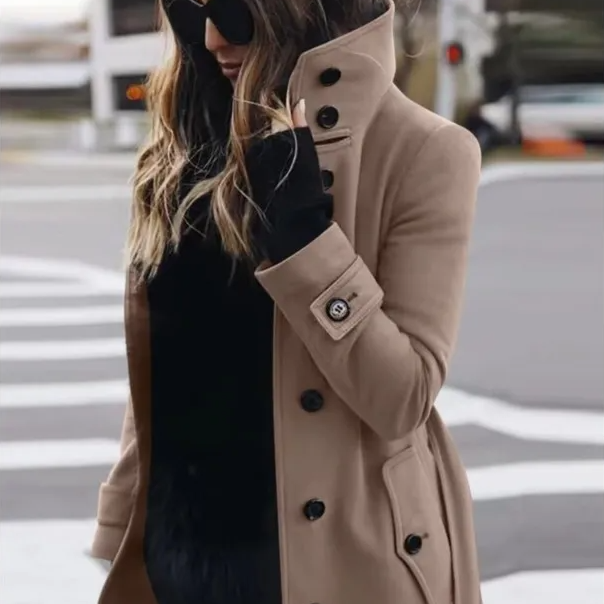 Women's Long Warm Coat – Turn-down Collar Thick Autumn Winter Jacket with Single Breasted Closure