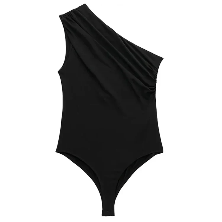 Asymmetric One-Shoulder Bodysuit with Ruched Detail and Snap Closure – Sexy Wide-Strap Clubwear for Women