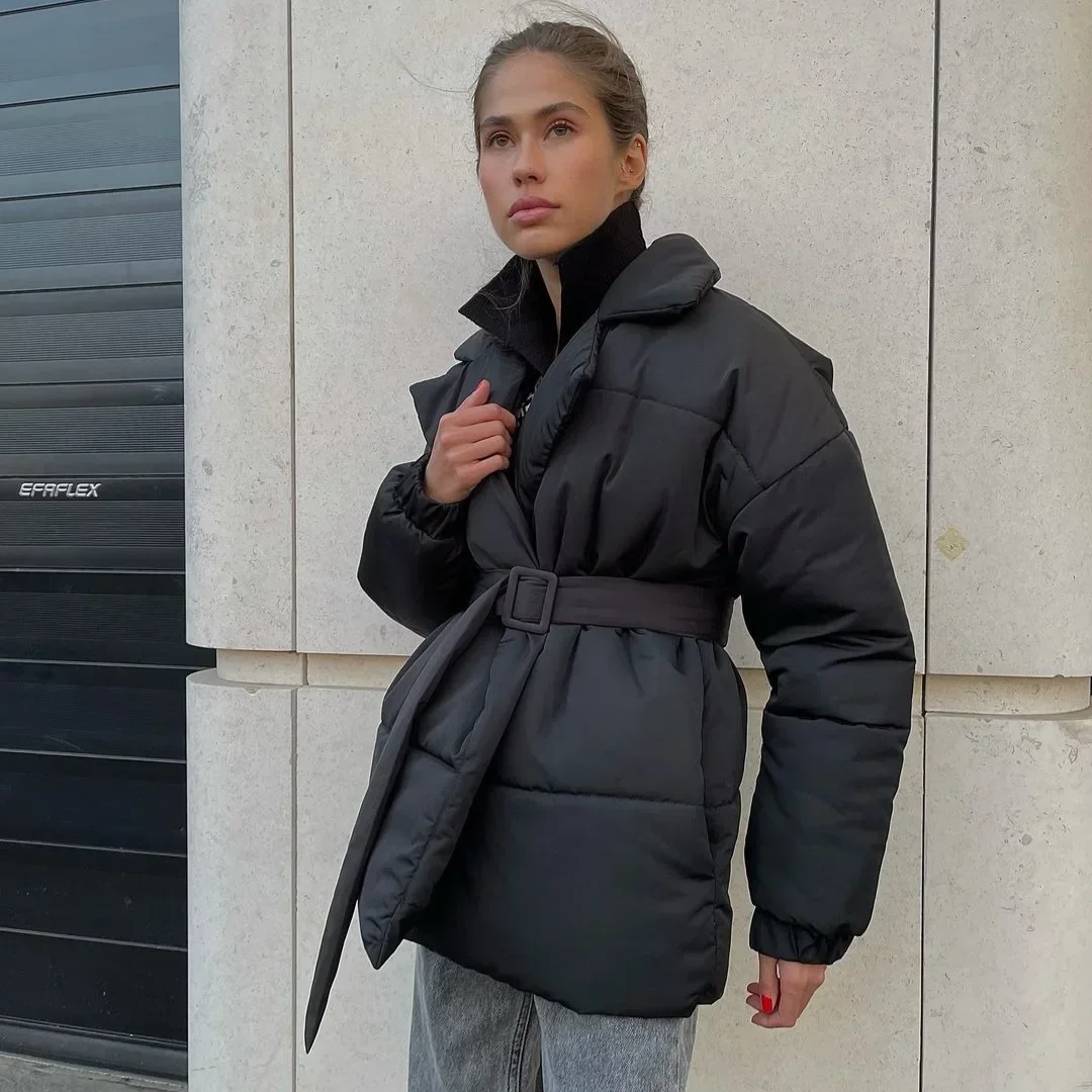 Women's Cotton Puffer Jacket – Belted Quilted Parka Coat for Winter, Warm Vintage-Inspired Outerwear