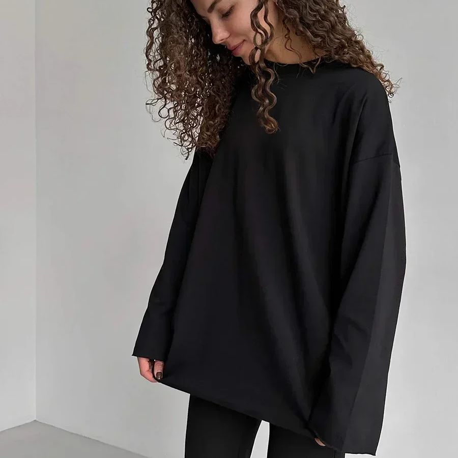 Women's Long Sleeve Cotton T-Shirt – Solid Color Casual Loose Fit Basic Top