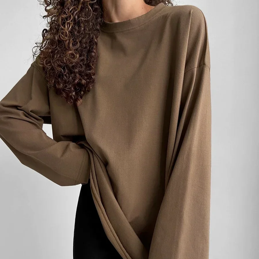 Women's Long Sleeve Cotton T-Shirt – Solid Color Casual Loose Fit Basic Top