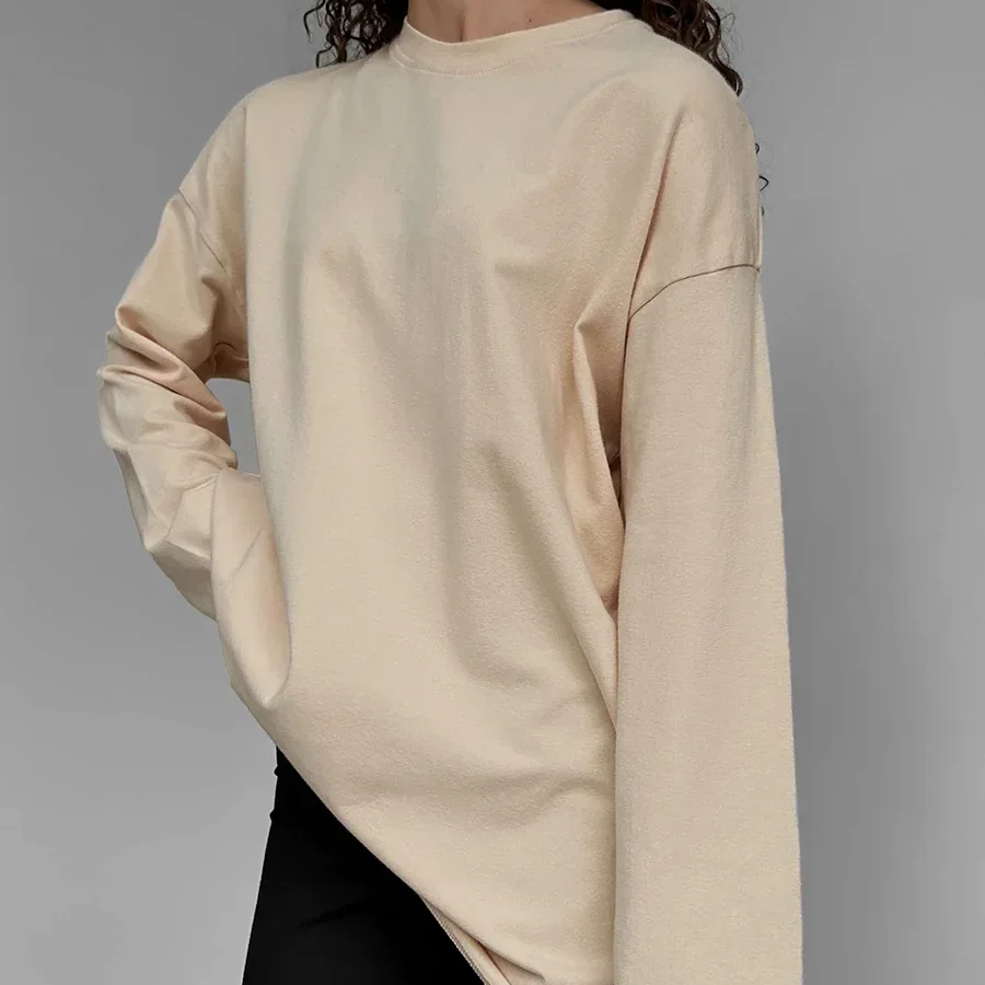 Women's Long Sleeve Cotton T-Shirt – Solid Color Casual Loose Fit Basic Top