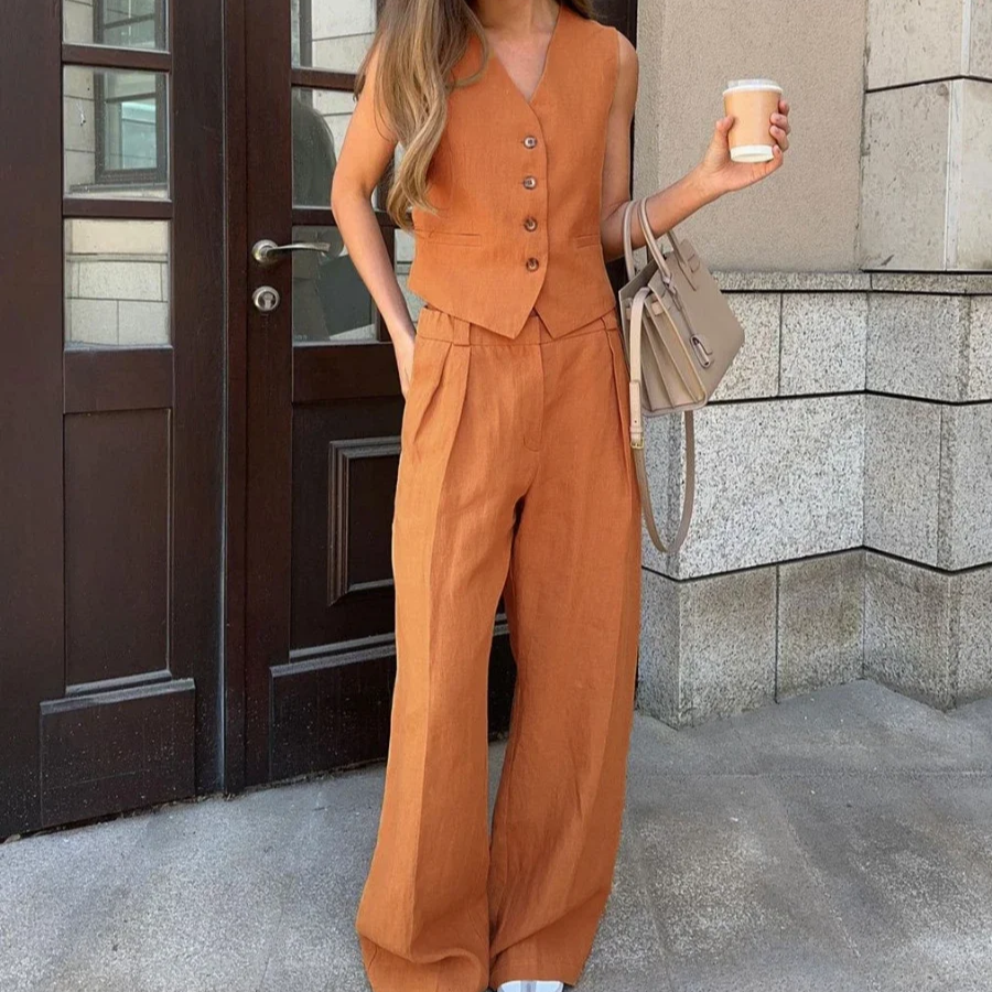 Women's Linen Cotton Vest and Wide-Leg Pants Set – 2-Piece Casual Summer Outfit with V-Neck Top and Elastic Waist Trousers