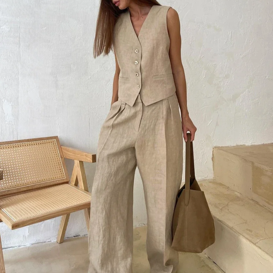 Women's Linen Cotton Vest and Wide-Leg Pants Set – 2-Piece Casual Summer Outfit with V-Neck Top and Elastic Waist Trousers