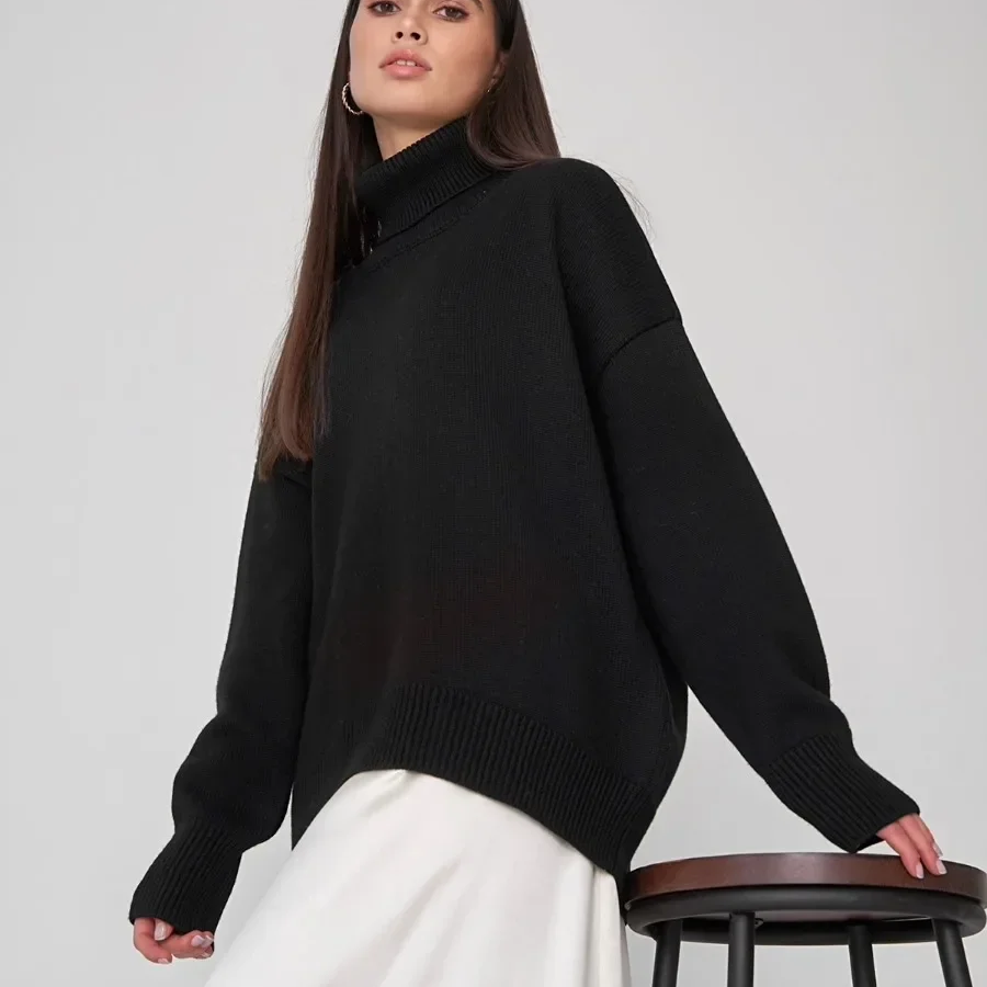 Women's Oversized Turtleneck Sweater – Thick Knit Casual Pullover for Autumn Winter