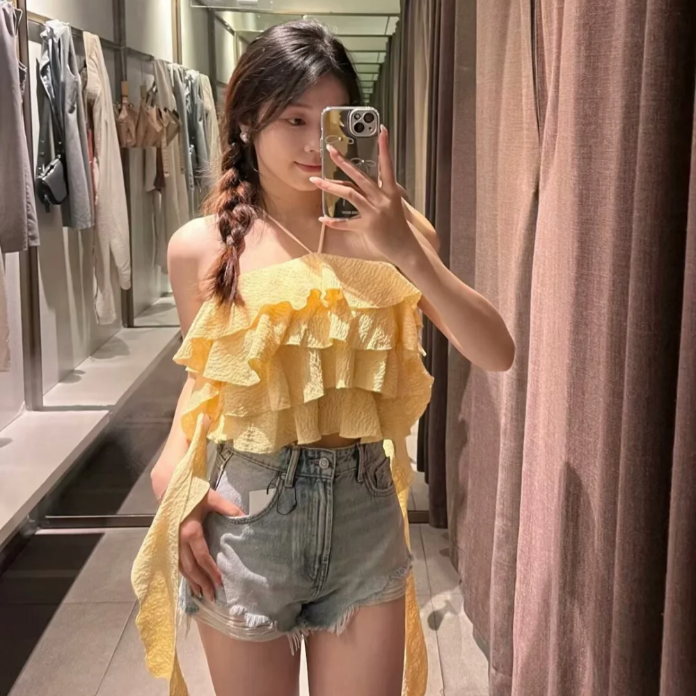 Summer Women's Yellow Textured Ruffle Halter Crop Top with Streamers