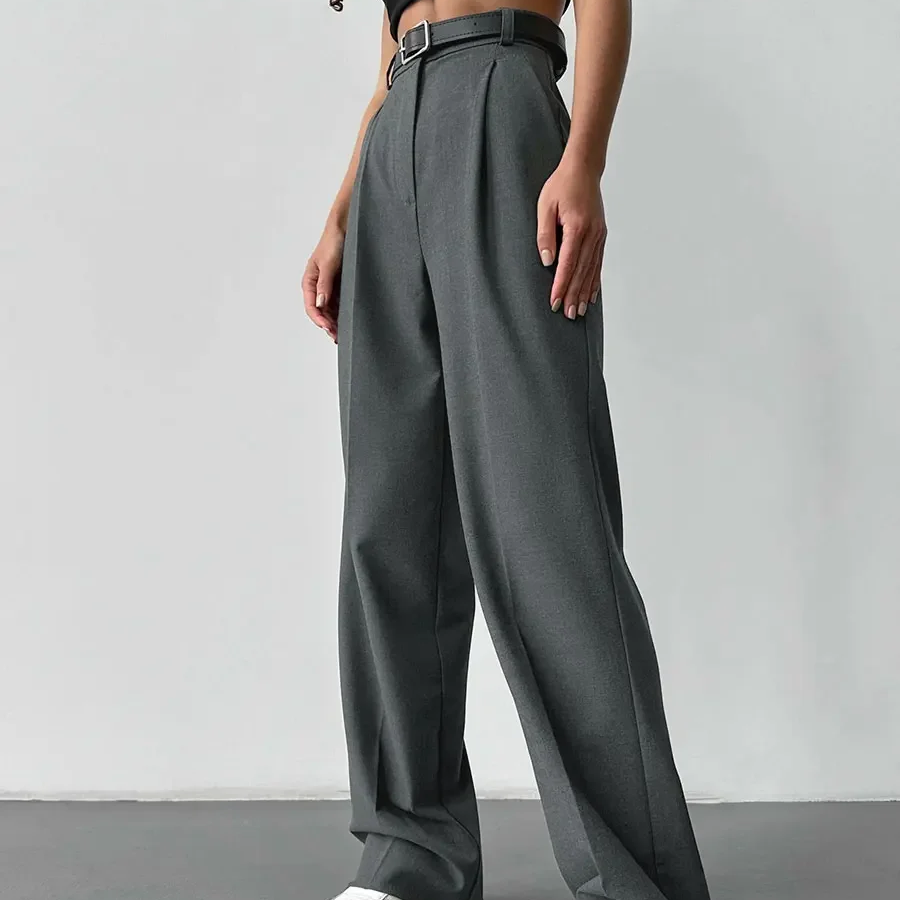 Women's High Waist Wide Leg Office Trousers – Pleated Full-Length Pants with Pockets for Work and Casual Wear
