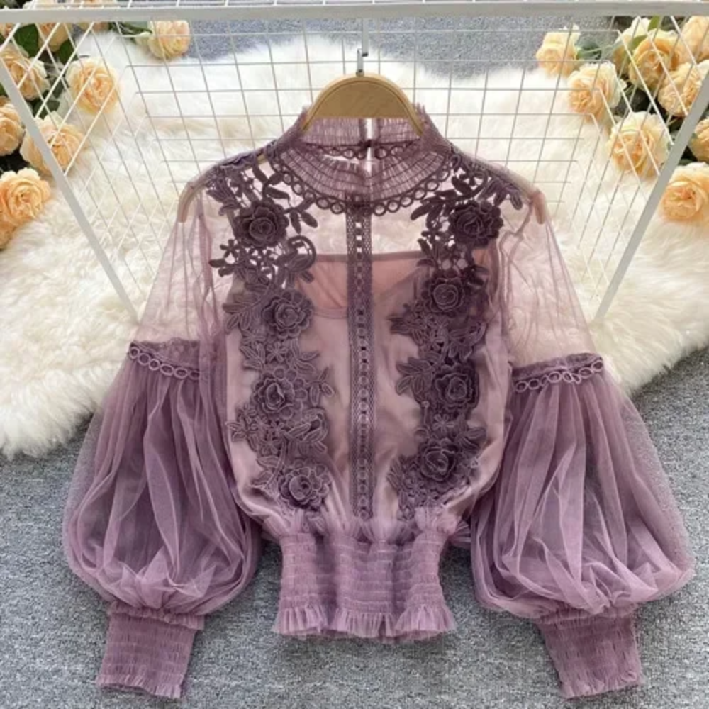 Vintage Lace Patchwork Blouse with Puff Sleeves – Elegant Slim Fit Shirt for Women