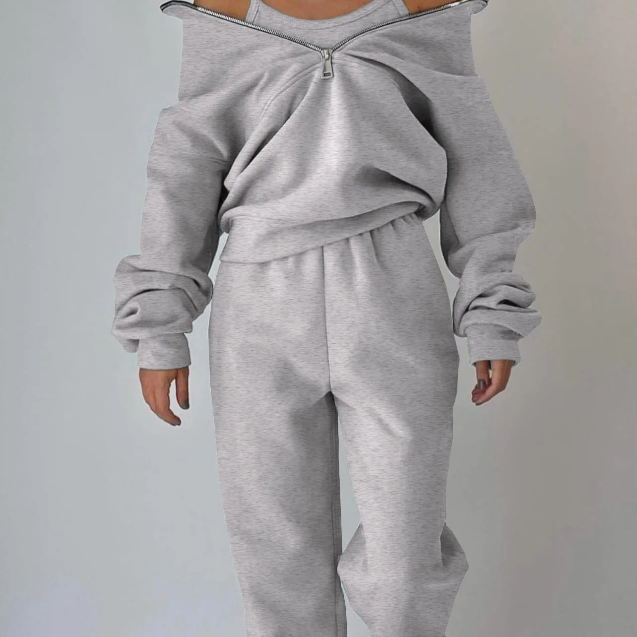 Women's Casual Tracksuit Set – Warm Two-Piece Zipper Outfit for Autumn and Winter, Loose Fit Sportwear