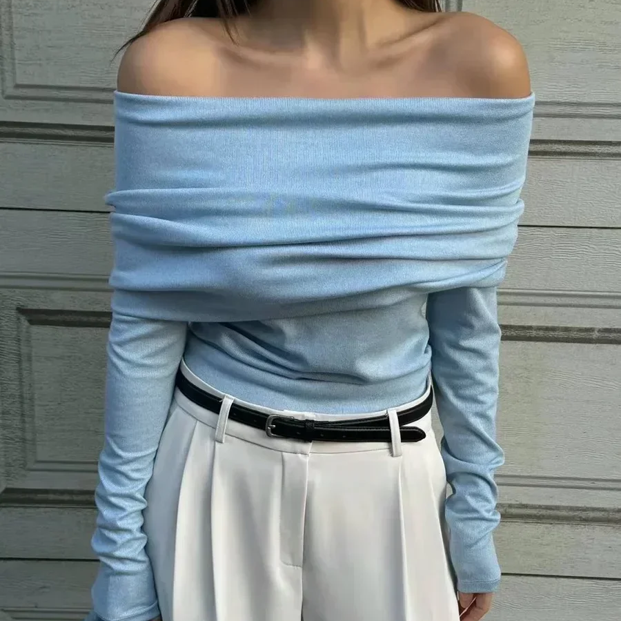 Women's One-Shoulder Knitted Sweater – Slimming Pullover with Long Sleeves, Solid Color High Street Style