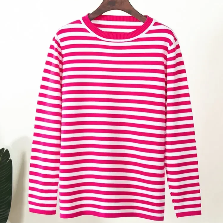 Women's Knitted Striped Sweater – Loose Fit Warm Thick Pullover with Long Sleeves for Autumn and Winter