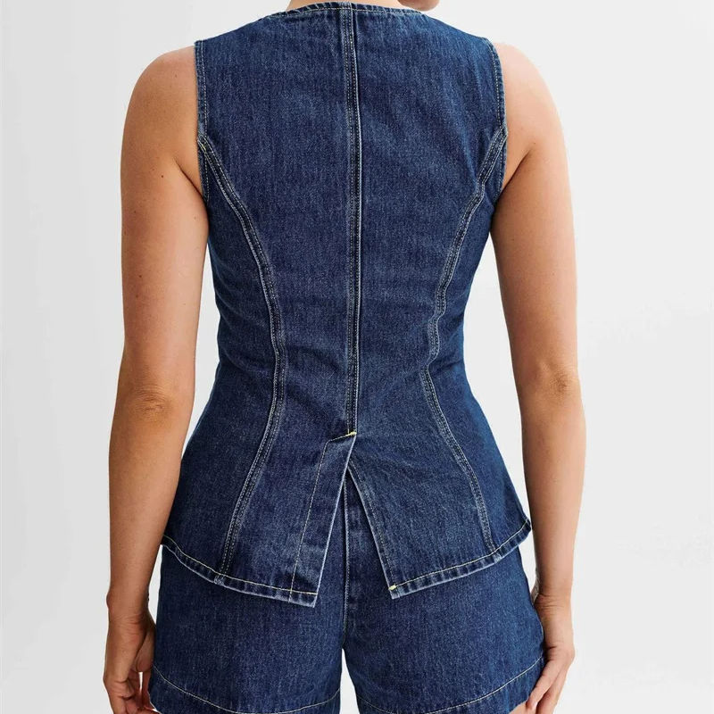 Women's Summer Denim 2-Piece Set – Sleeveless Button-Up Vest Top and High Waist Wide Leg Shorts for Casual or Office Wear