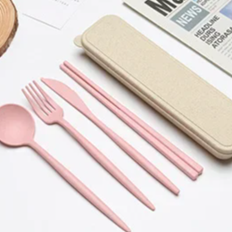 4PCS Portable Wheat Straw Cutlery Set – Spoon, Fork, Chopsticks with Storage Box for Travel & Daily Use