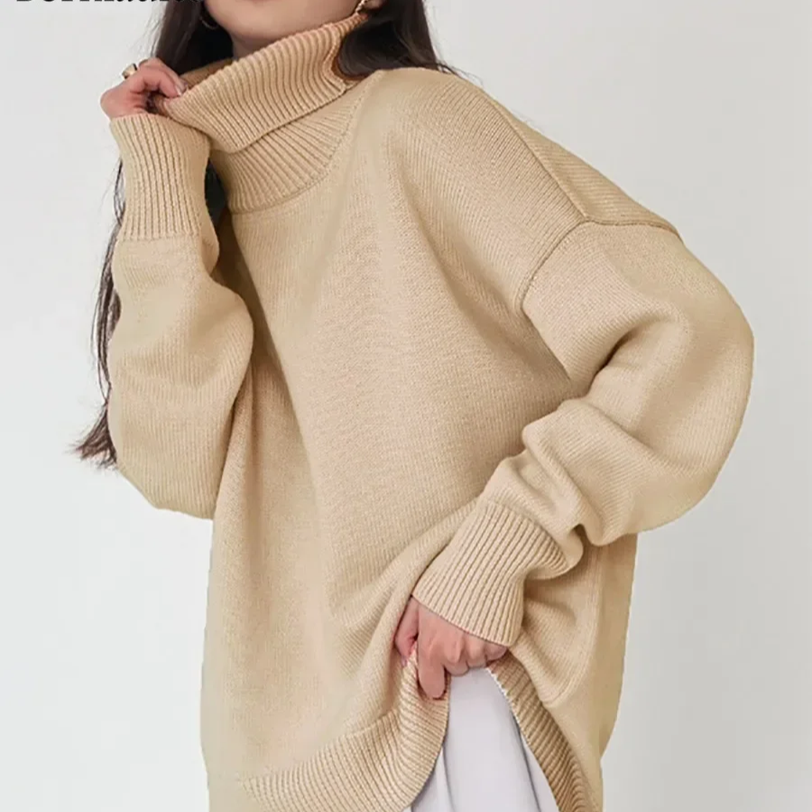 Women's Oversized Turtleneck Sweater – Thick Knit Casual Pullover for Autumn Winter