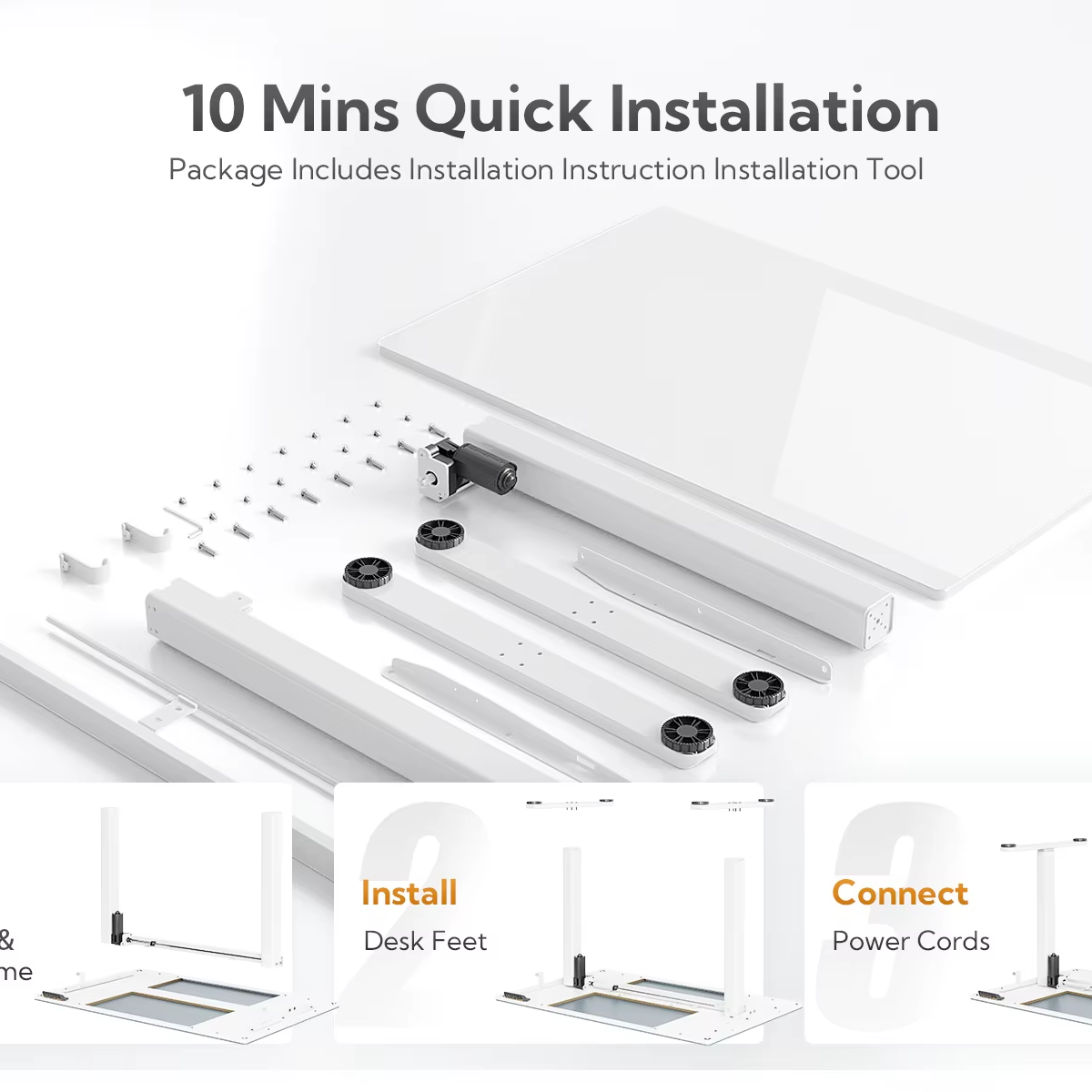 48-Inch Electric Standing Desk – Modern White Tempered Glass Top, Adjustable Height, Quick Assembly for Home or Office