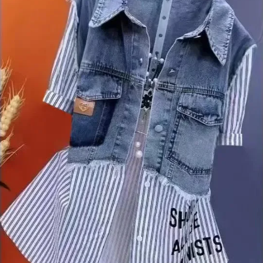 Women's Fake Two-Piece Denim Shirt Jacket – Casual Striped Patchwork Button Down Top with Short Sleeves