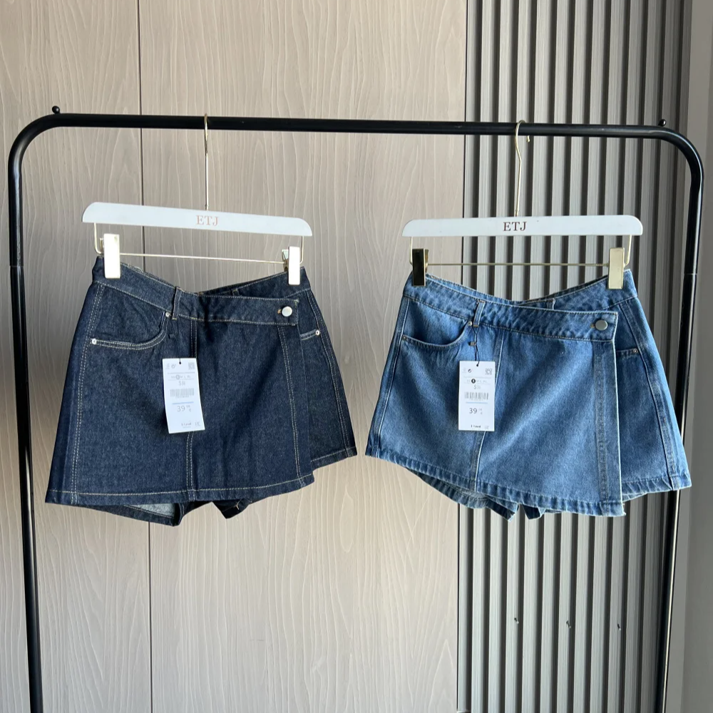 Women's Denim 2-Piece Set – V-Neck Crop Top & Asymmetrical Culottes | Summer Sexy Loose Fit Suit