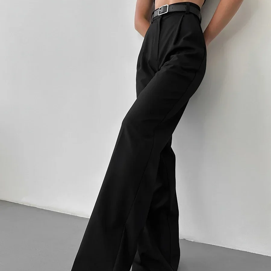 Women's High Waist Wide Leg Office Trousers – Pleated Full-Length Pants with Pockets for Work and Casual Wear