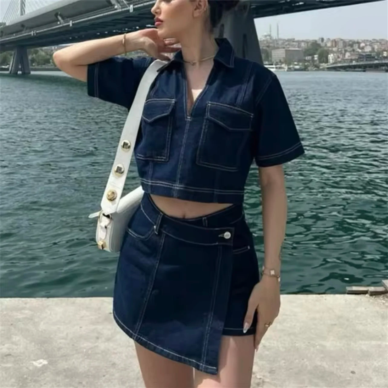 Women's Denim 2-Piece Set – V-Neck Crop Top & Asymmetrical Culottes | Summer Sexy Loose Fit Suit