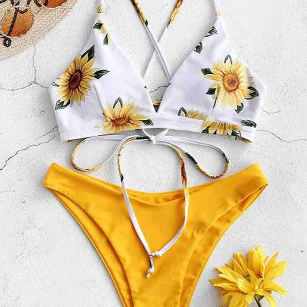 Sunflower Print Bikini Set – Sexy Push-Up Bandage Swimsuit for Women, Padded Low-Waist Biquini