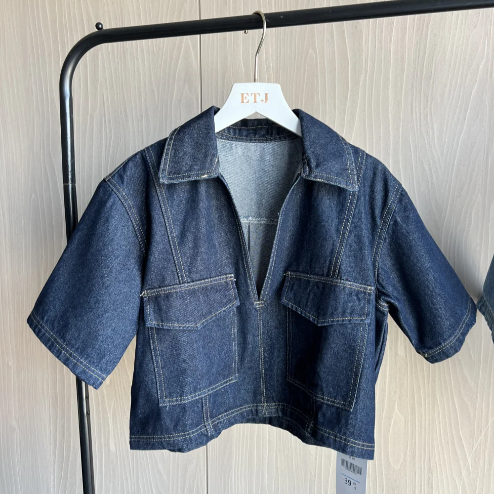 Women's Denim 2-Piece Set – V-Neck Crop Top & Asymmetrical Culottes | Summer Sexy Loose Fit Suit