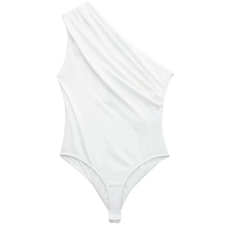 Asymmetric One-Shoulder Bodysuit with Ruched Detail and Snap Closure – Sexy Wide-Strap Clubwear for Women