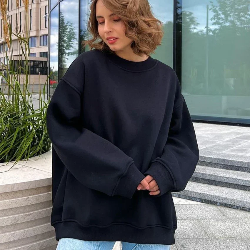 Women's Oversized Fleece Pullover Sweatshirt – Warm Thick Casual Long Sleeve Top for Autumn and Winter Streetwear