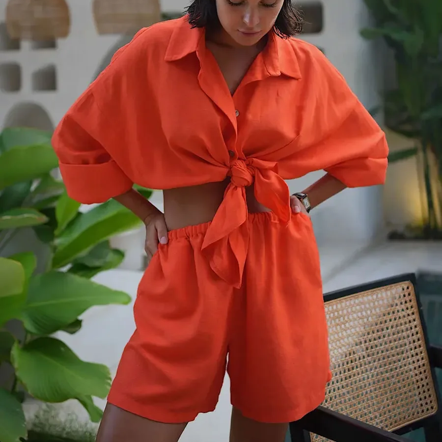 Women's 2-Piece Cotton Shorts Set – Casual Lapel Shirt with Lantern Sleeves & Elastic Waist Shorts, Summer Lounge Outfit