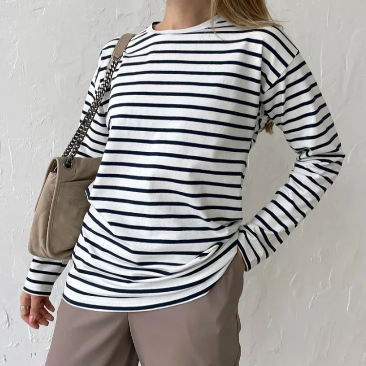Women's Long Sleeve Striped Cotton T-Shirt – Loose Fit Casual Tee with O-Neck for Spring and Summer