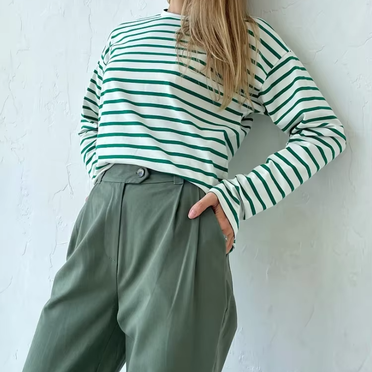 Women's Long Sleeve Striped T-Shirt – Casual Loose Cotton Tee Top for Spring Summer