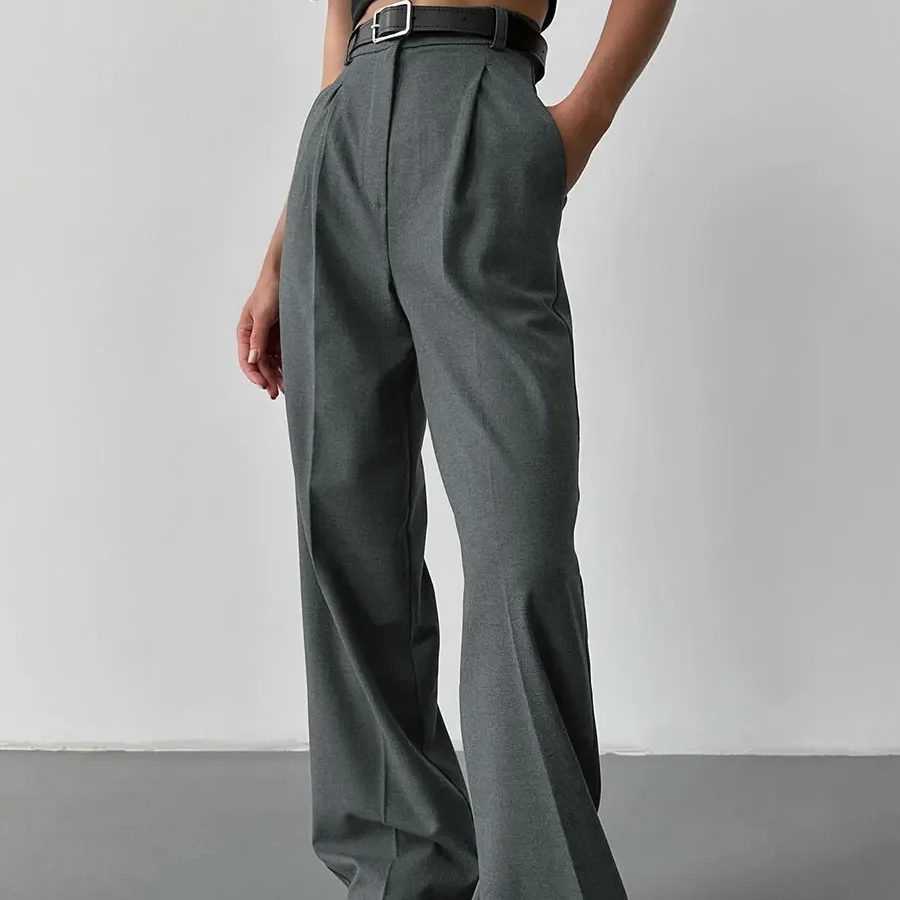 Women's High Waist Wide Leg Office Trousers – Pleated Full-Length Pants with Pockets for Work and Casual Wear