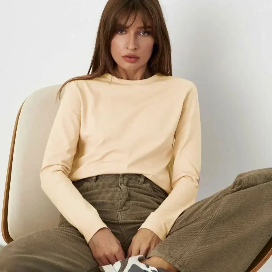 Women's 100% Cotton Long Sleeve Oversized T-Shirt – Loose Basic Solid Top for Spring and Autumn Casual Wear