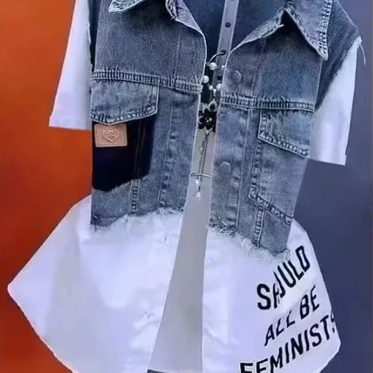 Women's Fake Two-Piece Denim Shirt Jacket – Casual Striped Patchwork Button Down Top with Short Sleeves