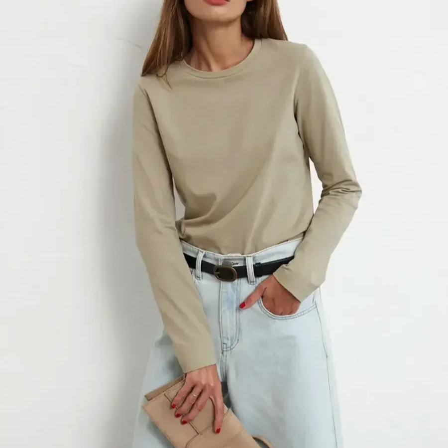 Women's 100% Cotton Long Sleeve Oversized T-Shirt – Loose Basic Solid Top for Spring and Autumn Casual Wear