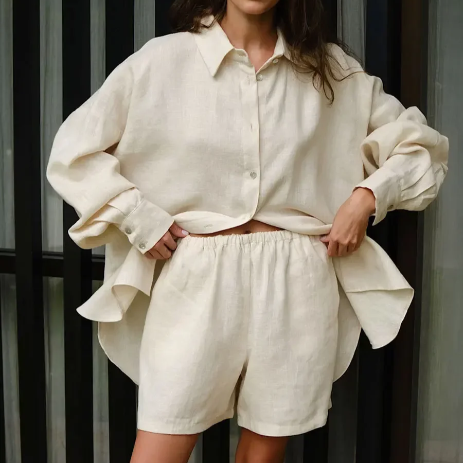 Women's 2-Piece Cotton Shorts Set – Casual Lapel Shirt with Lantern Sleeves & Elastic Waist Shorts, Summer Lounge Outfit