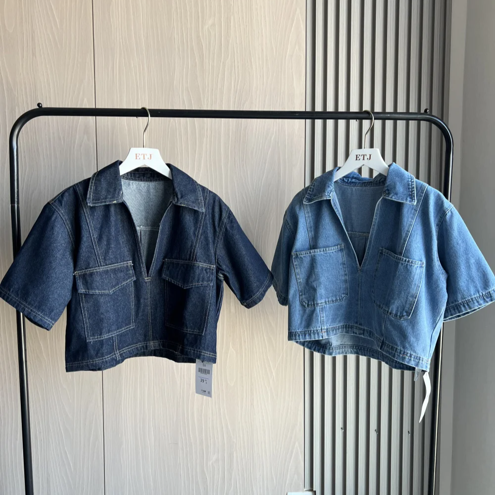 Women's Denim 2-Piece Set – V-Neck Crop Top & Asymmetrical Culottes | Summer Sexy Loose Fit Suit