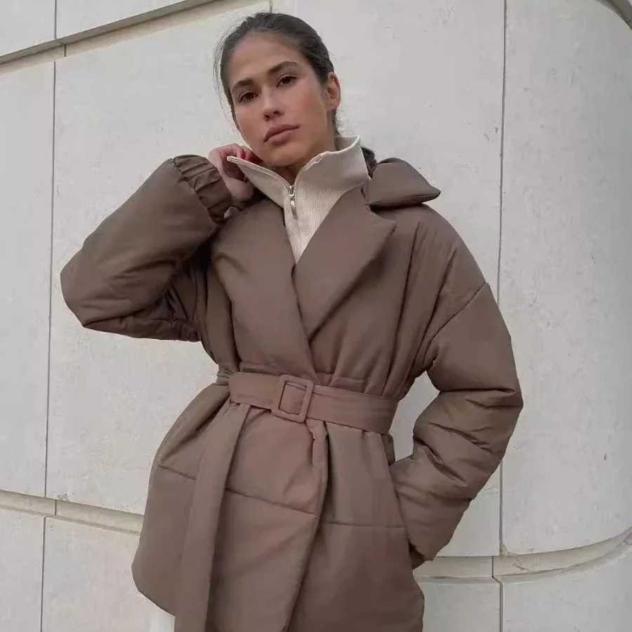 Women's Cotton Puffer Jacket – Belted Quilted Parka Coat for Winter, Warm Vintage-Inspired Outerwear