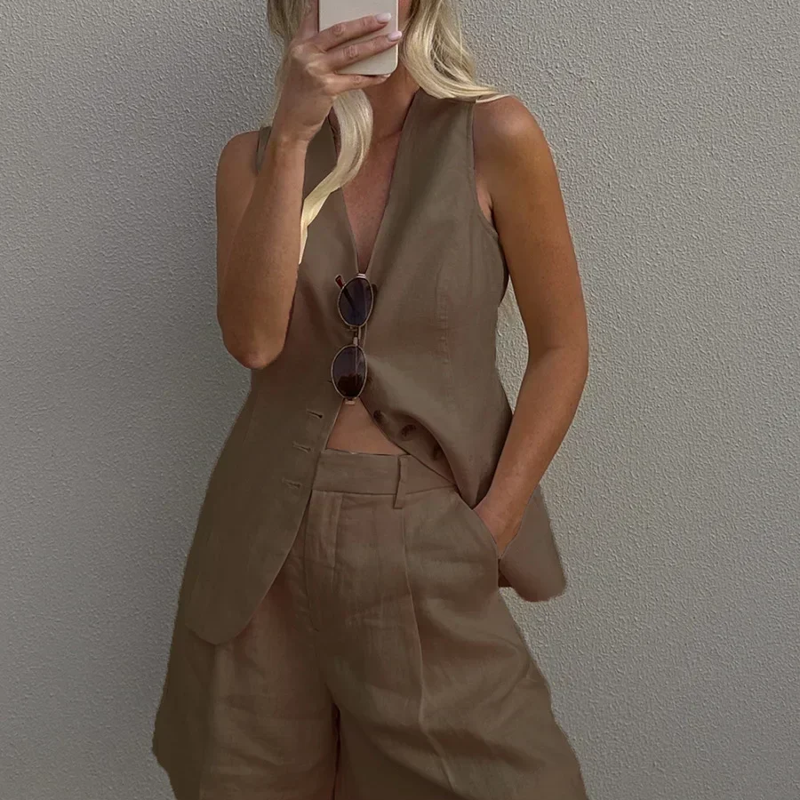 Women's Cotton-Linen Vest and Shorts Set – Sleeveless V-Neck Tank Top and Button Fly Shorts, Chic Loose Summer Outfit