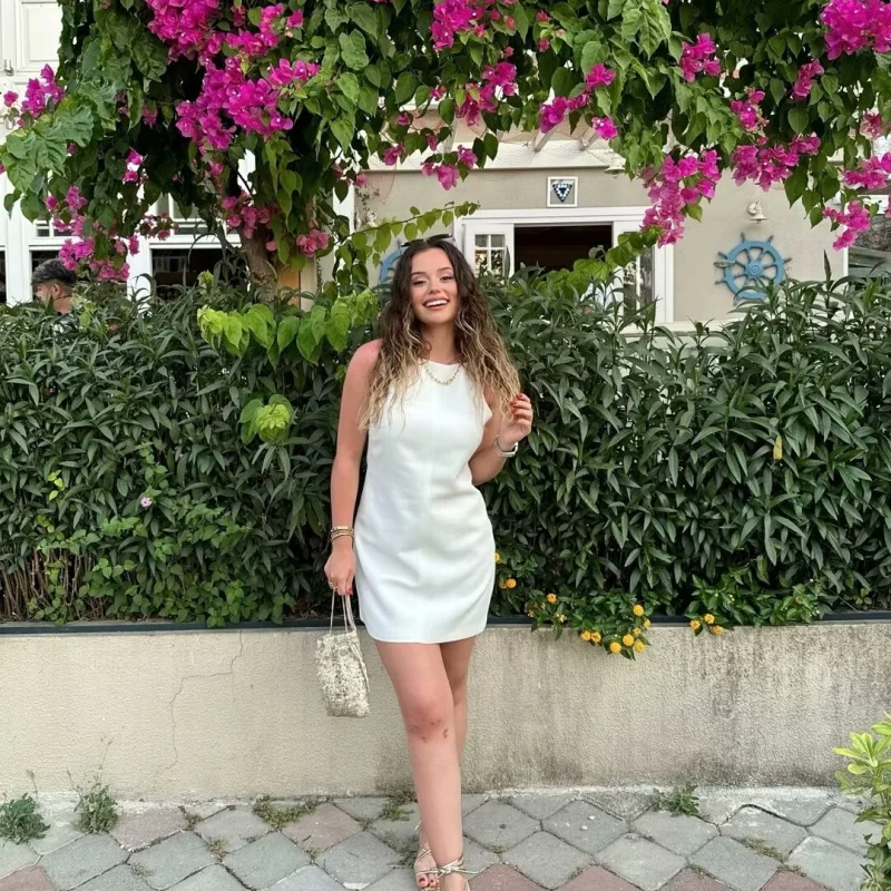Stretch Knit Halter Mini Dress – 2024 TRAF Sleeveless A-Line Summer Fit with Interlock Neck