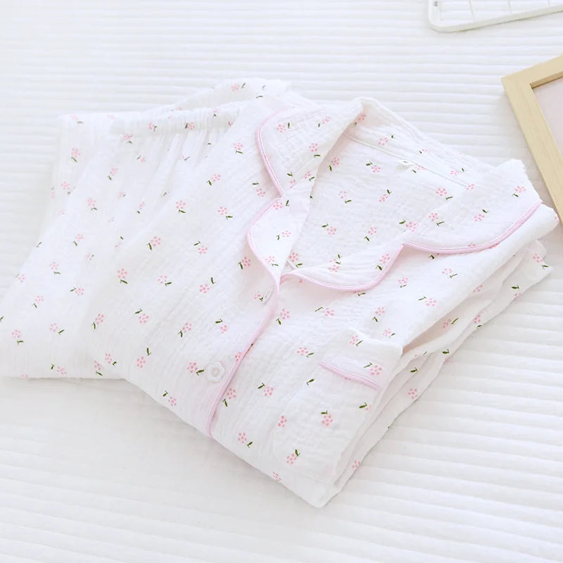 Women's 2-Piece Gauze Cotton Pajama Set – Printed Long Sleeve Button-Up Sleepwear for Spring and Fall
