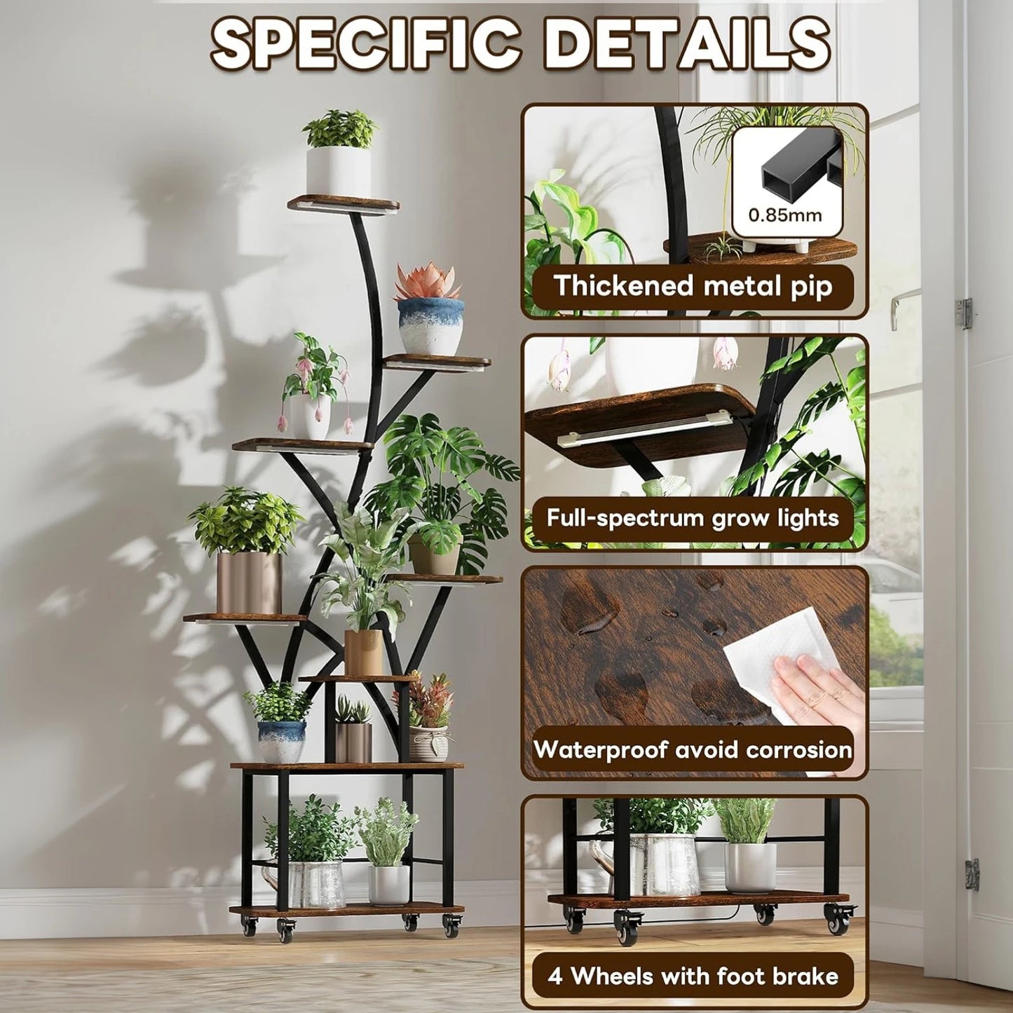 64-Inch 8-Tier Indoor Plant Stand with Grow Light – Heavy-Duty Metal Display Rack for Living Room, Patio, or Garden