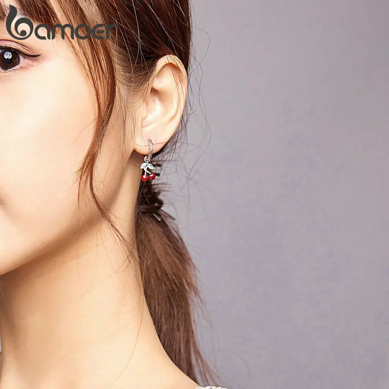 Sterling Silver Sweet Cherry Stud Earrings – Cute Plant-Inspired Zircon Earrings for Women